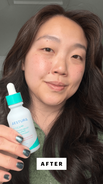 Image may contain Bottle Lotion Adult Person Face Head Body Part Finger Hand Happy and Smile